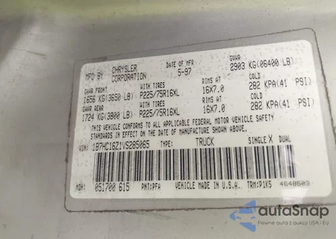 1997 Dodge Ram 1500 Lt z USA, uszkodzony, nr VIN 1B7HC16Z1VS285065
